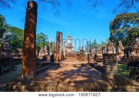 Sukhothai, Thailand - January 17 2017: Wat Chedi Jet Thaew In The Precinct Of Si Satchanalai Histori