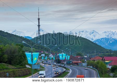 Almaty, Kazakhstan - May 6: Kok Tobe Hill And Tv Tower. City View On May 6, 2017 In Almaty, Kazakhst