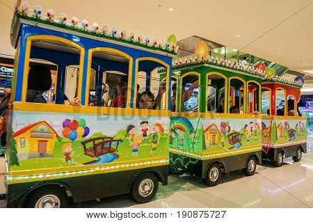 Kota Kinabalu,Sabah-May 29,2017:View of an amusement playground train inside in the Imago the famous shopping mall in Kota Kinabalu,Sabah, Malaysia.This is one of attraction for the visitor to visit Imago shopping mall.