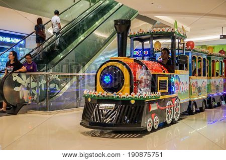 Kota Kinabalu,Sabah-May 29,2017:View of an amusement playground train inside in the Imago the famous shopping mall in Kota Kinabalu,Sabah, Malaysia.This is one of attraction for the visitor to visit Imago shopping mall.