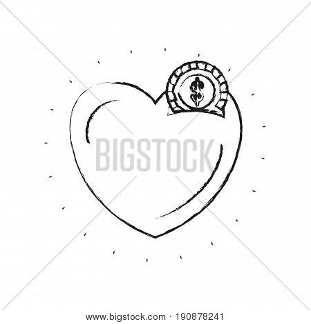 blurred silhouette money box in heart shape with coin with dollar symbol vector illustration
