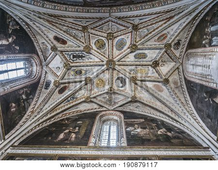 SEGOVIA SPAIN JUNE - 3 2017: The gothic vault of Chapel Our Lady of Rosary in Cathedral of Our Lady of Assumption with the neoclassicistic frescoes take in Segovia Spain