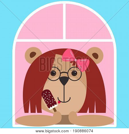 Teddy bear girl with chocolate ice cream looking out of the window. Colorful summer mood avatar with funny girl. Vector illustration for stickers. Children bear with ribbons pin and yummy ice cream
