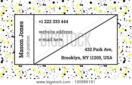 Bar fashion business card template in the style of Memphis. Bright yellow and gray colors. Zigzags and paint splatters. The modern design. Background and composition information in rectangular blocks.