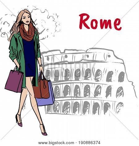 Fashion sketch of beautiful woman with shopping bags in Rome
