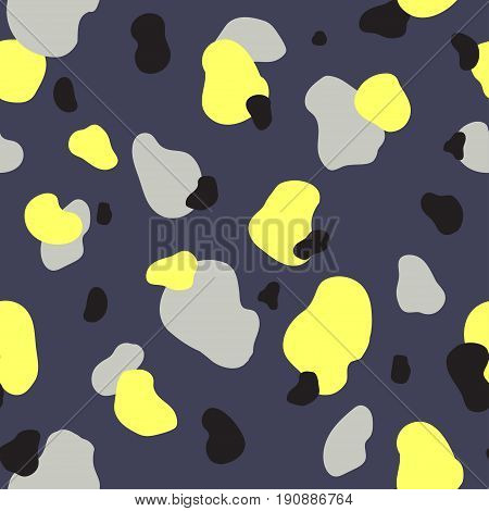 Abstract seamless chaotic pattern with military style. Modern wallpaper in trendy yellow, gray and black colors. Grafit background with texture of spots and blots. Repeat endless design. Vector.