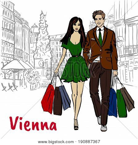 Woman and man with shopping bags in Vienna, Austria. Hand-drawn illustration. Fashion sketch