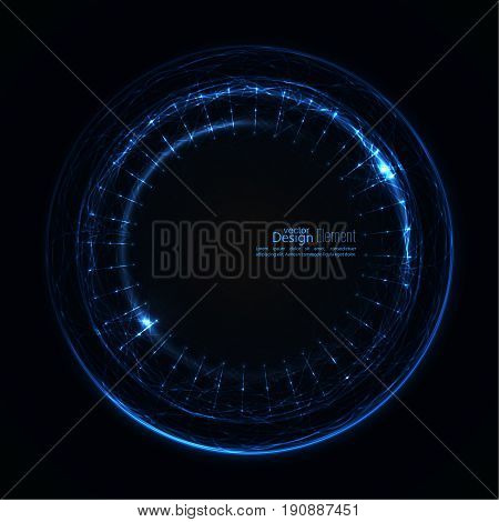 Abstract techno background with spirals and rays with glowing particles. Tech design. Lights vector frame. Glowing dots. blue, cerulean, cobalt, indigo, sapphire, ultramarine