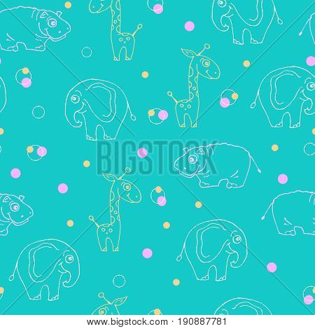 Endless pattern of animals. Giraffe, hippopotamus and elephant. Vector illustration