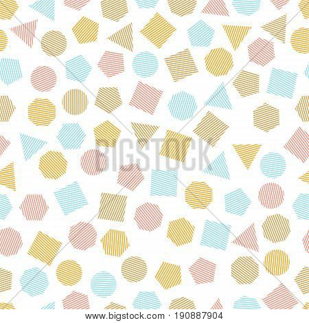 Seamless geometric pattern with multicolored squares triangles circles pentagons hexagons and heptagons for tissue and postcards. Trendy geometric elements. Hipsters modern color background. Vector illustration