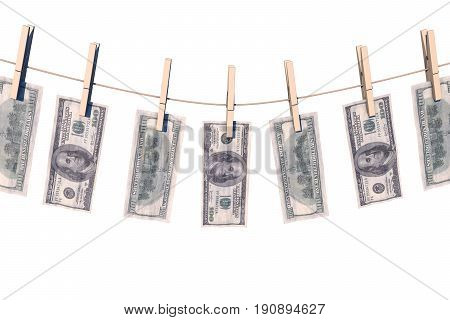 3d illustration: crumpled banknote hundred dollars to dry on the rope clothes pins attached, business concept, money laundering, offshore, illicit black cash. Green bucks.