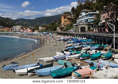 LEVANTO Italy June 4 2017 : The beach of Levanto. Levanto in the Italian region Liguria lies on the coast at the end of a valley thickly wooded with olive and pine trees and a part of its territory is included in the Cinque Terre National Park.