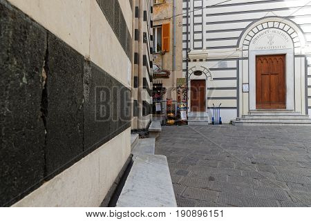MONTEROSSO Italy June 5 2017 : Outside the church of Monterosso in the Cinque Terre National Park. The Cinque Terre area is a very popular tourist destination and a world heritage site.