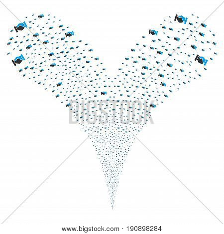 Handshake explosive stream. Vector illustration style is flat blue and gray iconic handshake symbols on a white background. Object fountain made from random pictographs.
