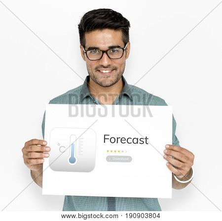 Man holding billboard network graphic overlay