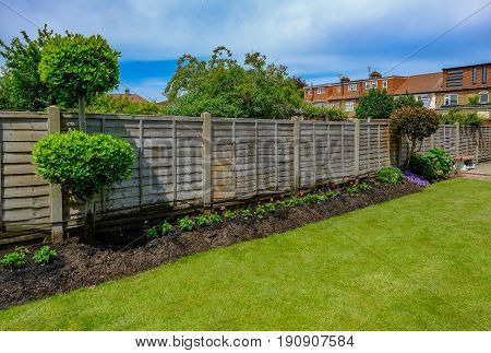 Flower bed with newly panted bedding flowers shurbs and wooden fence