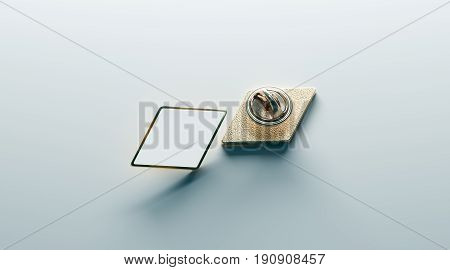 Blank white rhombus gold lapel badge mock up front and back side view 3d rendering. Empty luxury hard enamel pin mockup. Golden clasp-pin design template. Expensive brooch for logo presentation