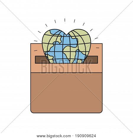 colorful silhouette front view flat globe earth world in heart shape depositing in a carton box vector illustration