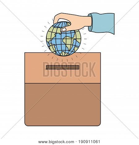 colorful silhouette front view hand with flat globe earth world depositing in a carton box vector illustration