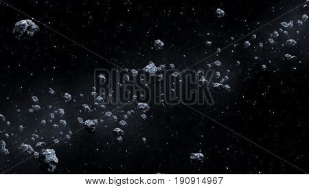 Closeup On Meteor Lumps In Space. Dark Background. Suitable For Any Fantasy, Astronomy Or Space Real