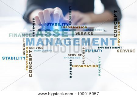 Asset management words cloud. Business technology concept.