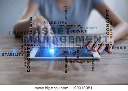 Asset management words cloud. Business technology concept.
