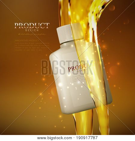 Cosmetics product. Ads poster template. Cosmetic packaging mockup design. Bottle with fluid transparent oil streams. 3d vector illustration for fashion magazine.