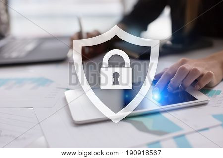 Cyber security, Data protection, information safety and encryption. internet technology and business concept.  Virtual screen with padlock icons.
