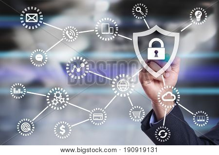Cyber security, Data protection, information safety and encryption. internet technology and business concept.  Virtual screen with padlock icons.