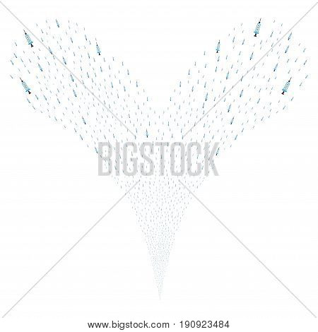 Syringe explosive stream. Vector illustration style is flat blue and gray iconic syringe symbols on a white background. Object fountain combined from random pictographs.