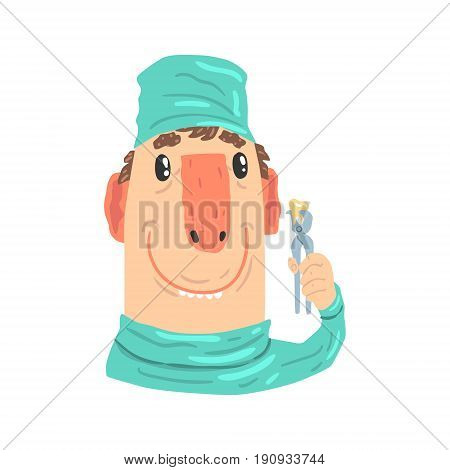 Smiling cartoon dentist character with pliers vector Illustration isolated on a white background