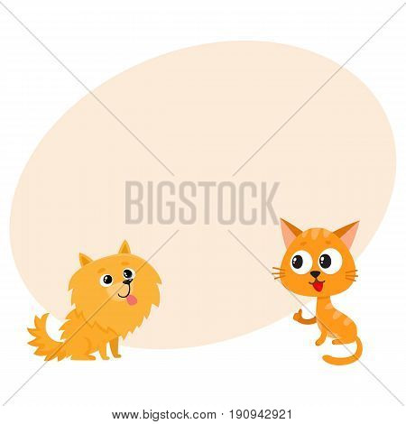 Pomeranian spitz dog and red cat, kitten characters, friendship concept, cartoon vector illustration with space for text. Lovely spitz dog and red cat characters, friends playing together
