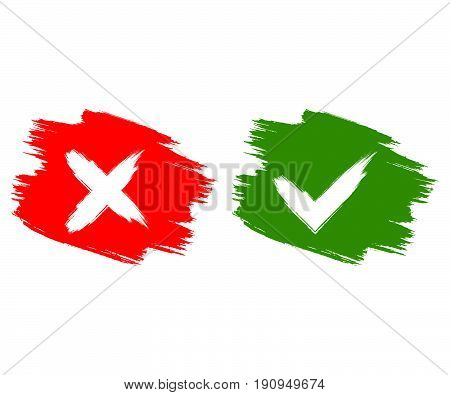 Vector check box doodle red and green. Checkmark Ok and No icons. Tick and cross button flat for web. Isolated illustration.