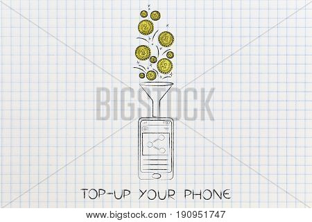 Golden Coins Dropiing Through Funnel Above A Smartphone