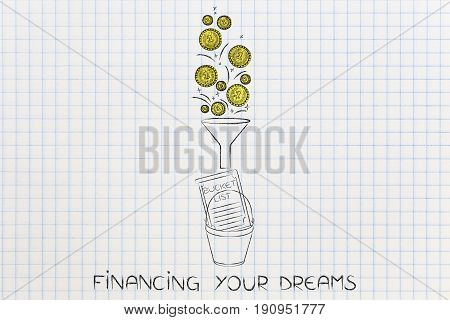 Golden Coins Dropping Into Funnel Above Bucket List