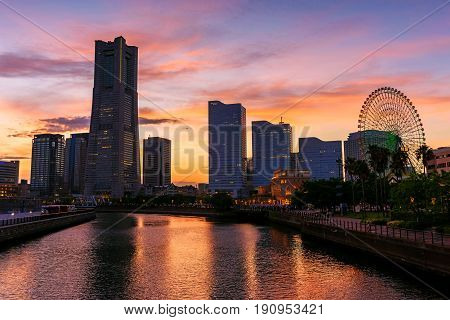 Yokohama Cityscape At Dusk In Minato Mirai