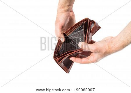 Isolated empty brown leather wallet with no money on white background