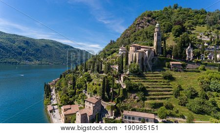 Aerial landscape of Lugano Lake near Morcote