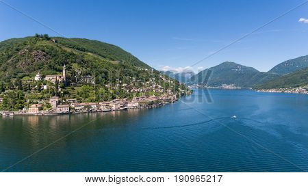 Aerial landscape of Lugano Lake near Morcote