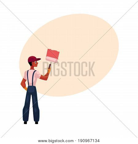 Black, African American painter painting wall with big brush, cartoon vector illustration with space for text. Full length portrait of black, African painter, construction worker, rear view