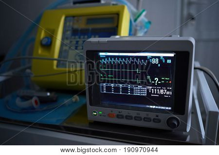 Close up shot of a vital signs monitor at the hospital operating theatre equipment technology blood pressure control operation living medicine medical clinical concept.