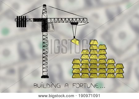 Tower Crane Laying Up A Pile Of Goldbricks
