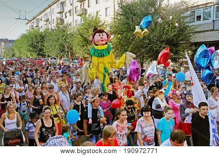 Volgograd Russia - August 26 2014: People take part in the parade of circus performers 
