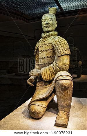 Xian China May 30 2017 The famous Kneeling Archer unearthed in Pit 2 of the Terracotta Army. Altogether 160 kneeling archers were found in pit 2. Xian Shaanxi province China