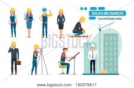 Engineers cartoon set with construction workers team, builder, architect, repairman and director, in different situations, circumstances and with different duties. Vector illustration isolated