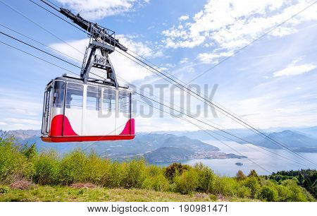 cableway going downhill closeup cable car cabin