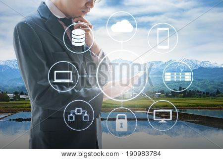 Cloud And Network Technology Connected All Devices With Landscape Background In Vdi Technology Conce