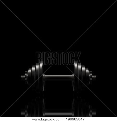 Dumbbell on a black reflective surface. Professional studio lighting from above. The silhouette of a heavy metal dumbbell. Cast iron discs and handle. Square proportions. 3D illustration.