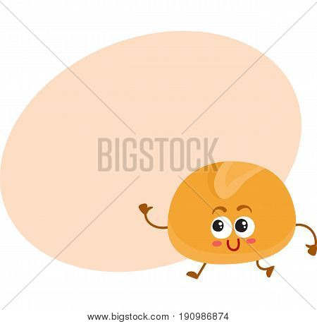 Funny English bun character with smiling human face, cartoon vector illustration with space for text. Soft and crispy breakfast, burger, hamburger bun character with smiling face