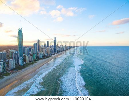 Surfers Paradise skyline at sunset from an aerial view